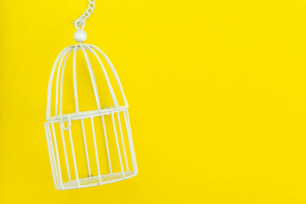 Small white bird cage on solid yellow background using as protec - Photo, image