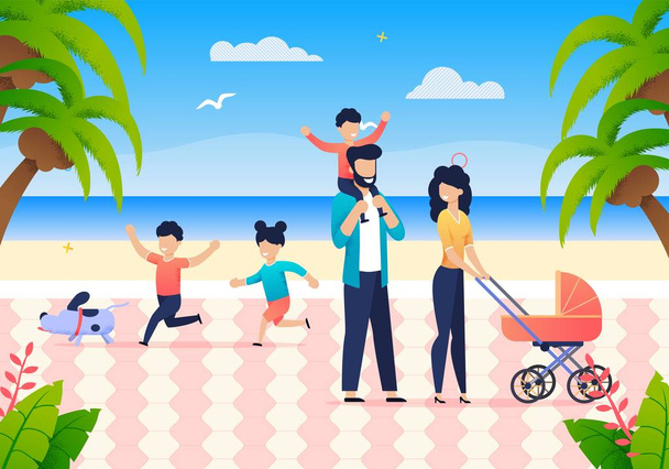 Summer Joint Family Vacation on Ocean. Happy Time - Vector, afbeelding