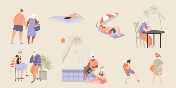 Az öregek a medence mellett, egy kávézóban és a strandon pihenhetnek, és élvezhetik a társasági élet és a gyaloglás. - Vektor, kép