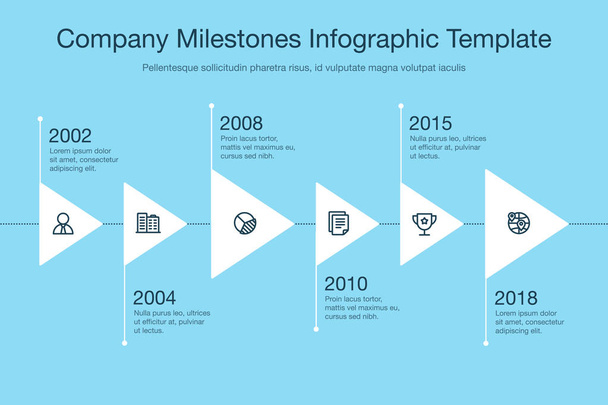 Simple visualization for company milestones timeline template with triangles and stroke icons isolated on blue background. Easy to use for your website or presentation. - Vector, Image