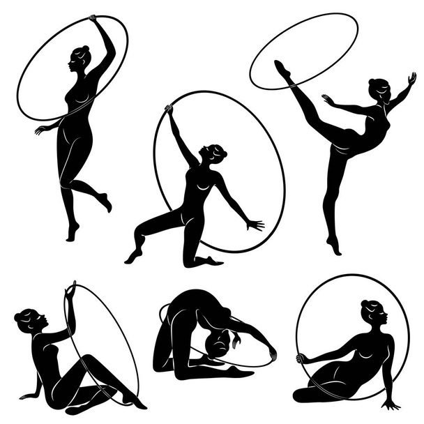 Collection. Rhythmic gymnastics. Silhouette of a girl with a hoop. Beautiful gymnast. The woman is slim and young. Vector illustation set - Vector, Imagen