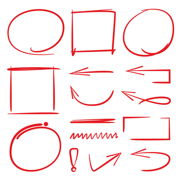 rode hand getekende markeerstift elementen, pijlen, onderstrepingen - Vector, afbeelding