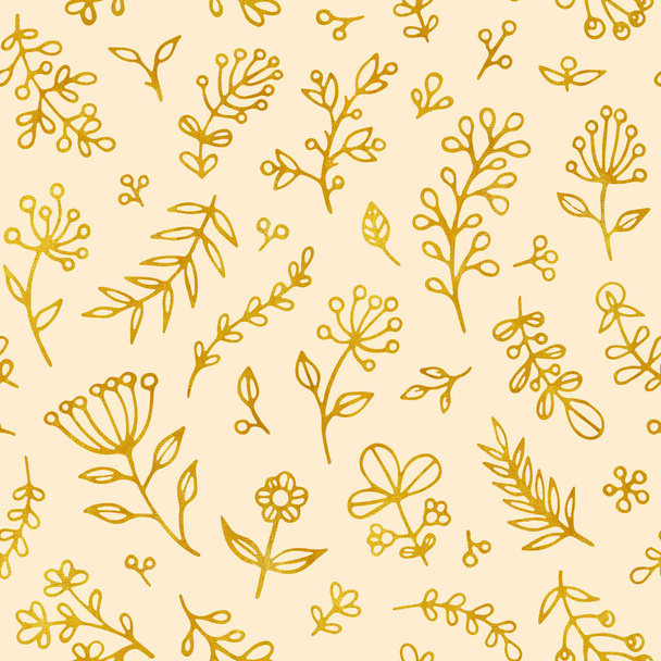 Folk flowers vintage raster seamless pattern. Ethnic floral motif beige hand drawn background. Contour golden inflorescence, blossom. Blooming, plant leaves. Ditsy textile, wallpaper design. - Photo, image