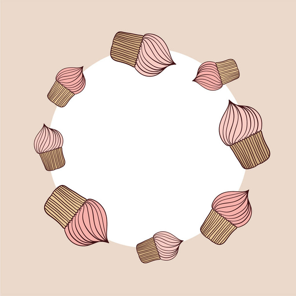 karta s kulatým rámem a růžovým koláčkem se smetanovou tapetu - Vektor, obrázek
