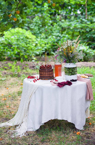 Piquenique de verão na natureza, com um delicioso bolo de chocolate, compota, bagas, flores silvestres
 - Foto, Imagem