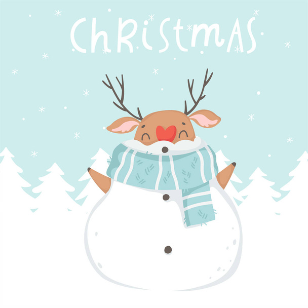 Merry Christmas en Nieuwjaar wenskaart met schattige herten karakter in sneeuw hout. Briefkaart, poster, uitnodiging sjabloon. Vector uitnodiging - Vector, afbeelding