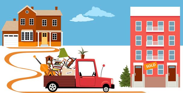 小型化と移転の過程でマンションの建物に家族の家から持ち物を持ち込むトラック、Eps 8ベクトルイラスト - ベクター画像