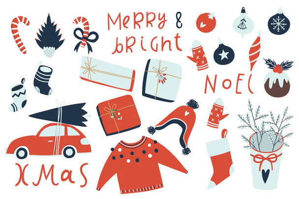 Χειμωνιάτικο και χριστουγεννιάτικο αυτοκόλλητο σετ. Χειροποίητα εικονογραφήσεις στυλ και γράμματα-κόκκινο αυτοκίνητο με χριστουγεννιάτικο δέντρο, δώρα, καραμέλες, παιχνίδια. Απεικόνιση διανυσματικών φορέων.  - Διάνυσμα, εικόνα