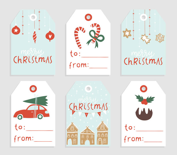 Sbírka šesti hezkých vánočních svátků a šťastných nových roků připravených k použití dárkových štítků. Sada šablon popisků svátků a tisknutelných rukou. Kolekce Vector  - Vektor, obrázek