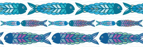 Kézzel rajzolt sorok többszínű hal népművészeti stílusban határon design. Varrat nélküli vektoros mintázat a fehér háttérben, firka hullámok. Nagy a strand, gyerekek, élelmiszer-termékek, papíráruk, csomagolás, szövet - Vektor, kép
