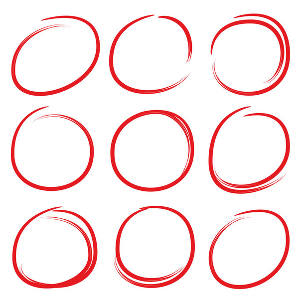 červené ručně kreslené značkovací prvky, prázdné kruhy a ovály - Vektor, obrázek