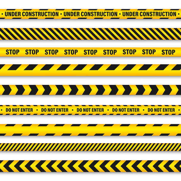 Gele en zwarte barricade bouw tape. Politie waarschuwings lijn. Fel gekleurd gevaar of gevaar streep. Vector illustratie. - Vector, afbeelding