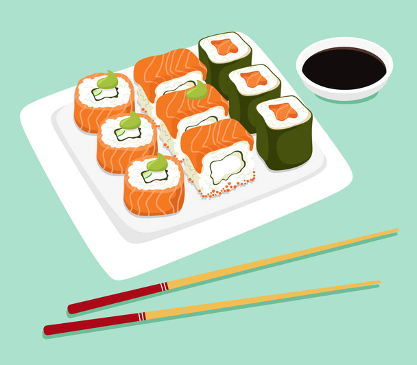Japanese sushi rolls on a dish with chopsticks and soy sauce. Japanese food. Vector illustration - Vektör, Görsel