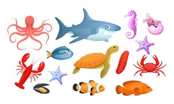 Θαλάσσια και ποτάμια θαλάσσια ζώα. Διάφορα θαλάσσια ζώα ψαριών - Διάνυσμα, εικόνα