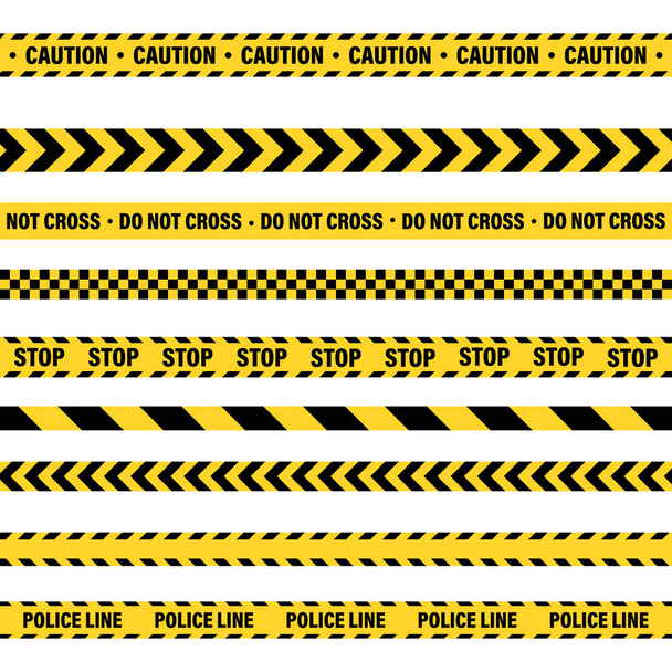 gelb-schwarzes Barrikadenbauband. Warnung der Polizei. hell gefärbte Gefahr oder Gefahrenstreifen. Vektorillustration. - Vektor, Bild