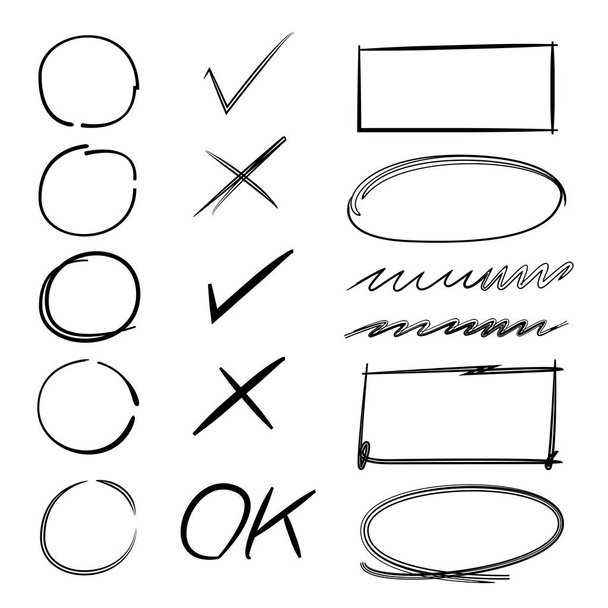 handgezeichnete Markerelemente, Häkchen, Häkchen, Unterstriche, Pinselstriche, Kreise, Rechtecke, Textmarker - Vektor, Bild