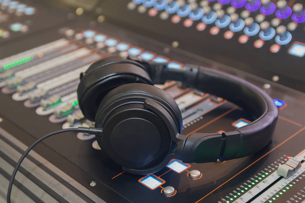 Headphone and sound mixer close up. Music - Photo, Image