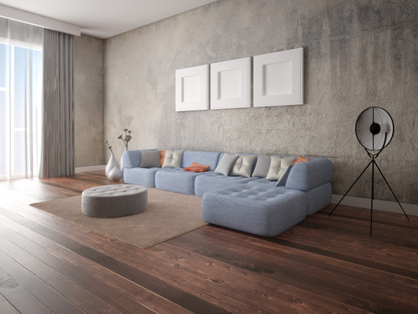 Prepara una amplia sala de estar con un sofá de esquina original y un telón de fondo hipster de moda
. - Foto, Imagen