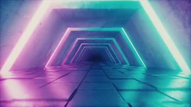 Volando en túnel futurista con luces ultravioletas fluorescentes. Corredor interior de ciencia ficción. Espectro de luz púrpura azul neón moderno. Animación de bucle inconsútil 3D 4k UHD
 - Metraje, vídeo