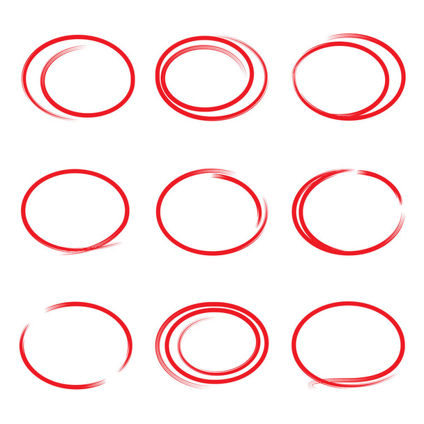 red doodle and hand drawn ink brush circle and oval markers set - Vector, Image