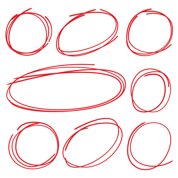 rode handgetekende markeringselementen, lege cirkels en ovalen - Vector, afbeelding
