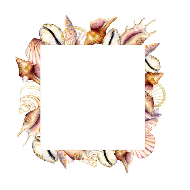 Moldura quadrada aquarela com conchas douradas. Cartão de conchas marinhas pintadas à mão isolado sobre fundo branco. Modelo náutico. Ilustração para design, impressão ou fundo
. - Foto, Imagem
