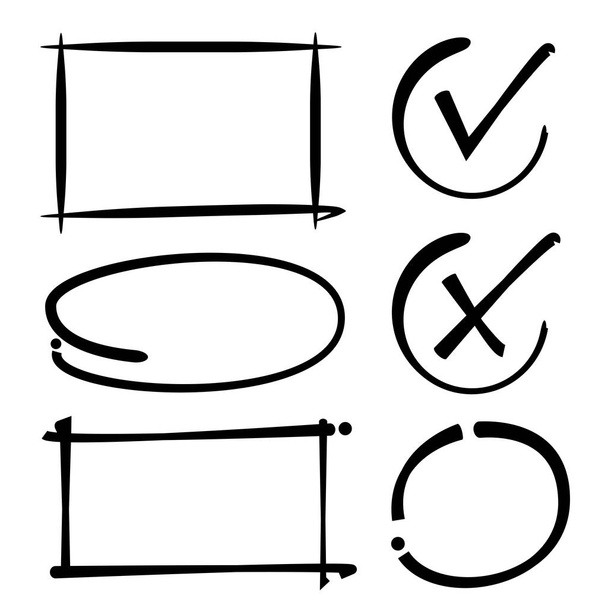 hand drawn marker elements, check marks, ticks, underlines, brush lines, circles, rectangles, highlighters - Vector, Image