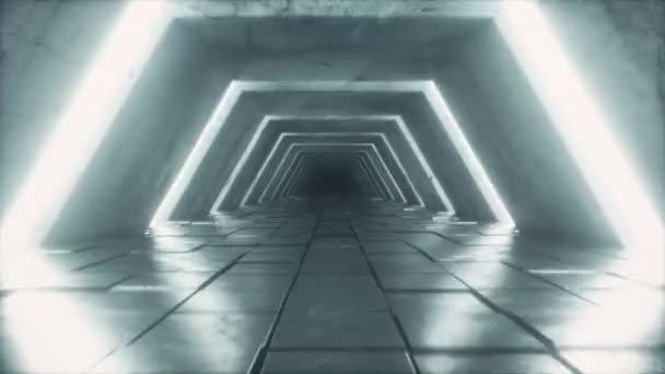 Fliegen im futuristischen Tunnel mit fluoreszierendem ultraviolettem Licht - Filmmaterial, Video