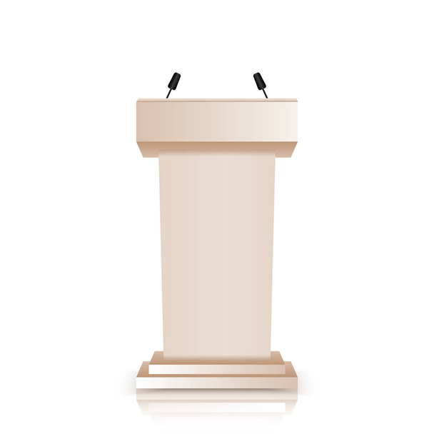 Brown stage stand or debate podium rostrum with microphones  isolated on white background. 3d realistic tribune. - Vector, Image