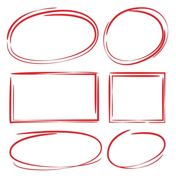 rode hand getekende cirkel en rechthoek marker elementen - Vector, afbeelding