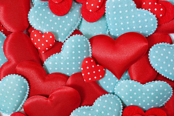 Hearts. Many red and blue hearts with polka dots. Valentine's background - Photo, Image