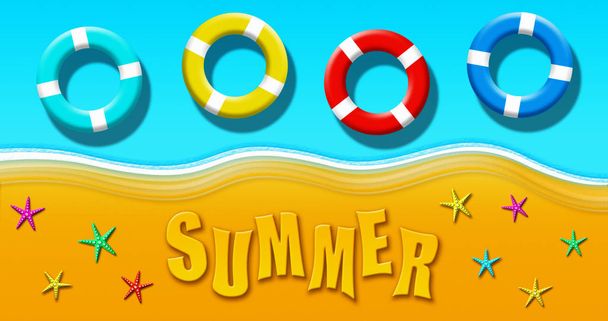 Summer Holiday At Tropical Sandy Beach With Turquoise Blue Water And Floating Safety Rings Top View Background Illustration - Фото, зображення