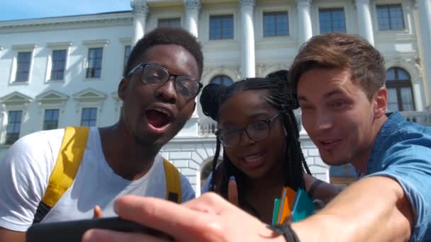 Šťastná multirasová skupina, která si bere s mobilem mobilní telefon-mladí hipíci lidé závislí smartphone na sociální síti komunita-koncepce technologie životního stylu - Záběry, video