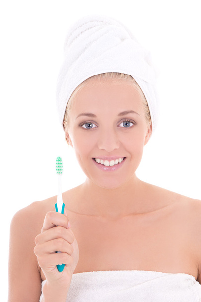 mulher bonita com escova de dente isolada sobre fundo branco - Foto, Imagem