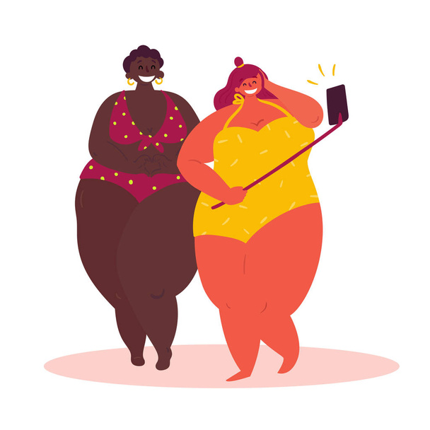 Dos dibujos animados chica gorda tomar selfie, fondo blanco
 - Vector, Imagen