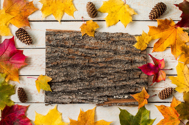 hojas de arce de otoño colorido en mesa de madera rústica
 - Foto, imagen
