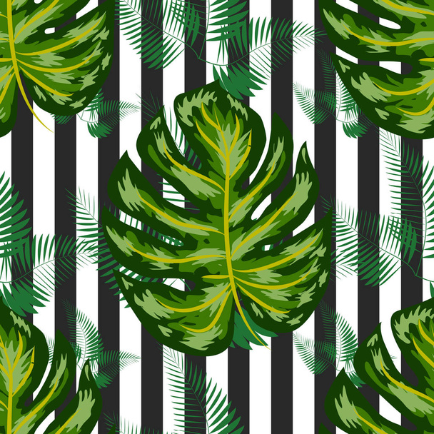 Seamless pattern of monstera leaves. Tropical leaves on hand drawn ink stripes - Vetor, Imagem