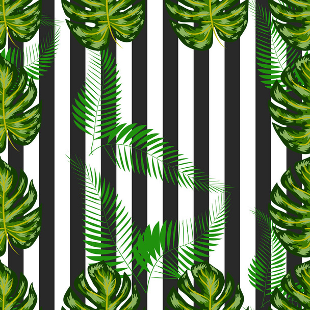 Exotic summer print. Seamless stripe pattern with tropical leaves. Jungle background. - Wektor, obraz