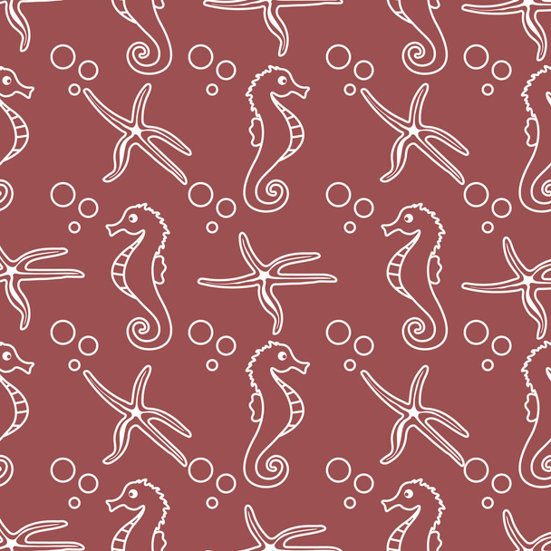 Vector seamless pattern with sea horses, starfish - Vetor, Imagem