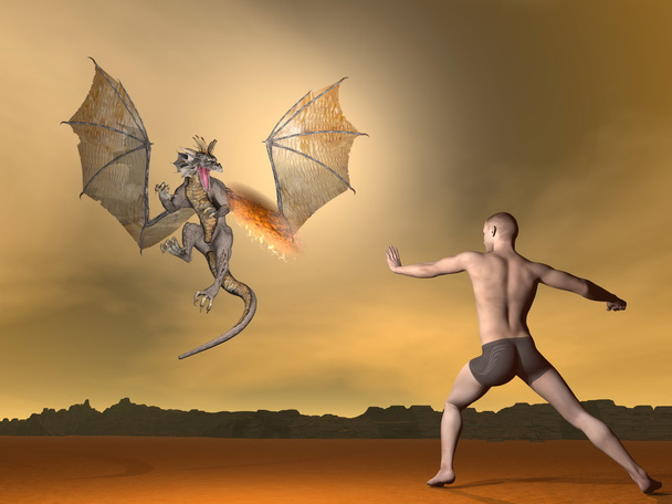 Man fighting dragon - 3D render - Photo, Image