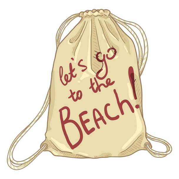 Διάνυσμα κινουμένων σχεδίων μπεζ τσάντα κορδόνι. Ύφασμα σακίδιο με κείμενο-Ας πάμε στην παραλία - Διάνυσμα, εικόνα