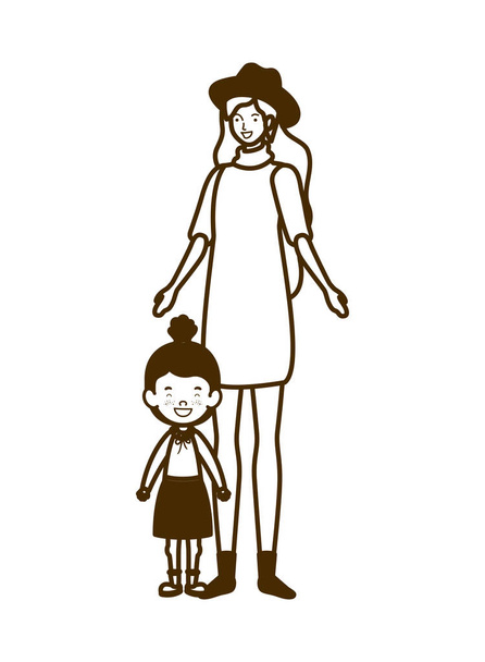 силуэт женщины с дочкой, возвращающейся в школу
 - Вектор,изображение