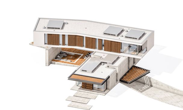 3D απόδοση του σύγχρονου σπιτιού στο λόφο με πισίνα απομονωθεί σε w - Φωτογραφία, εικόνα