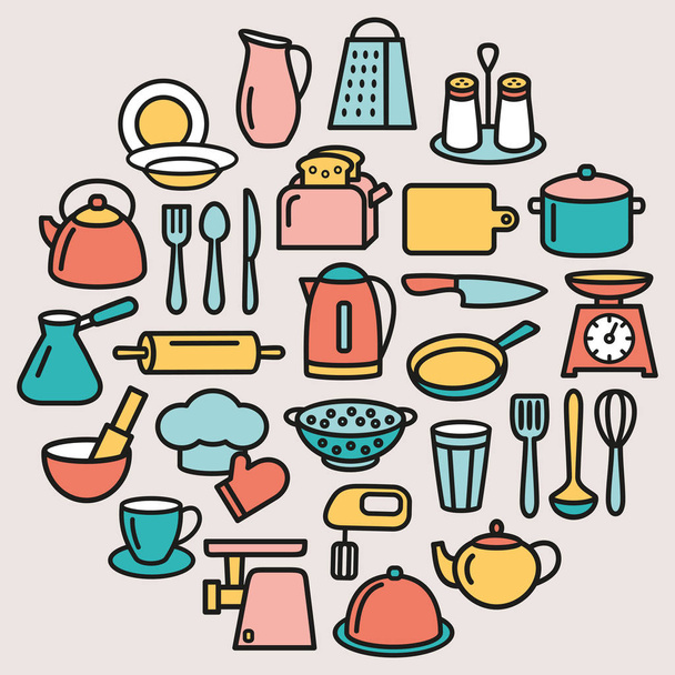 Keittäminen joukko keittiötarvikkeita linja väri kuvakkeet ympyrä
 - Vektori, kuva