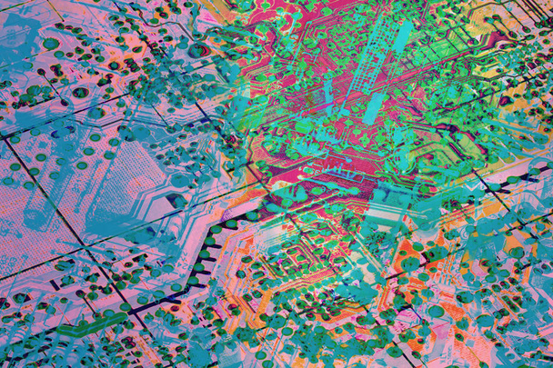 Ηλεκτρονικά εξαρτήματα στην πλακέτα κυκλώματος λεπτομέρειες πολύχρωμο φόντο - Φωτογραφία, εικόνα