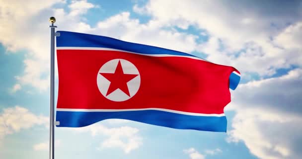 Północnokoreańska Flaga Macha w wiatr pokazuje północną Korei symbol patriotyzmu. Flagpole z Narodowym insygnia patriotyczne-4K 3D Render - Materiał filmowy, wideo