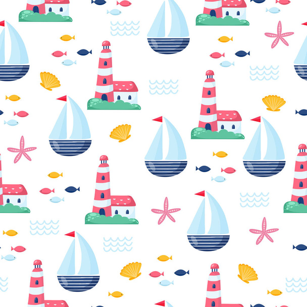 Nautical seamless vector pattern with ship. Bright cartoon illustration for children's greeting card design, fabric and wallpaper - Vector, Image