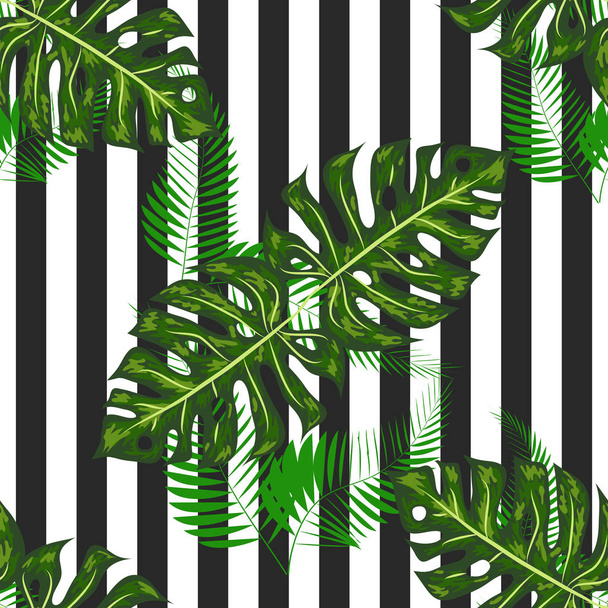 Monstera seamless striped pattern. Summer tropical design. - Vector, Imagen