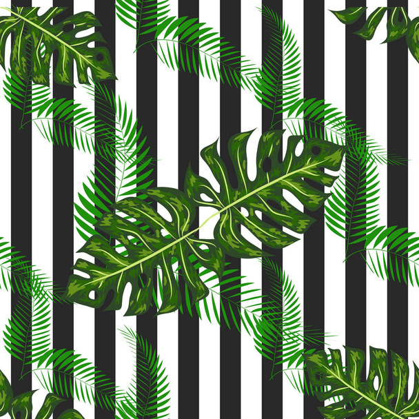 Exotic leaves and flowers on geometrical ornament. Seamless tropical pattern. - Vector, Imagen