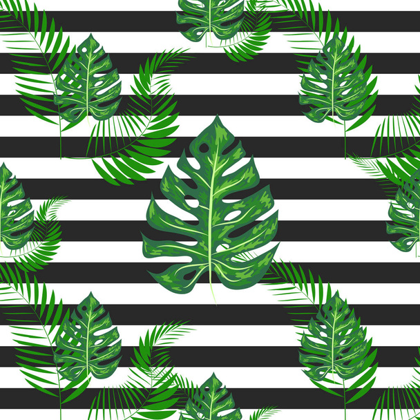 Seamless pattern with tropical leaves: palms, monstera, banana leaves, jungle leaf seamless pattern striped background. - ベクター画像